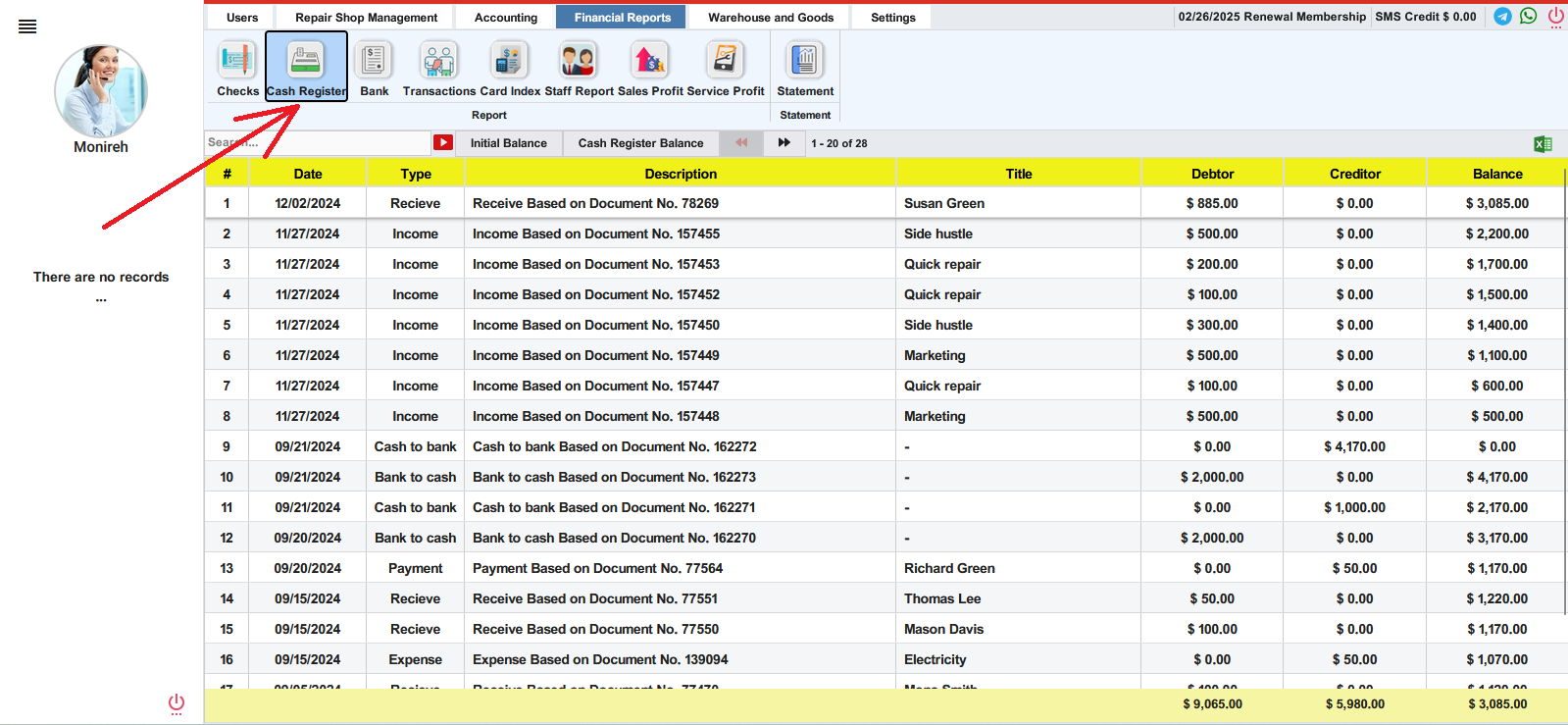 Cash Register Service in Finty Financial Reports