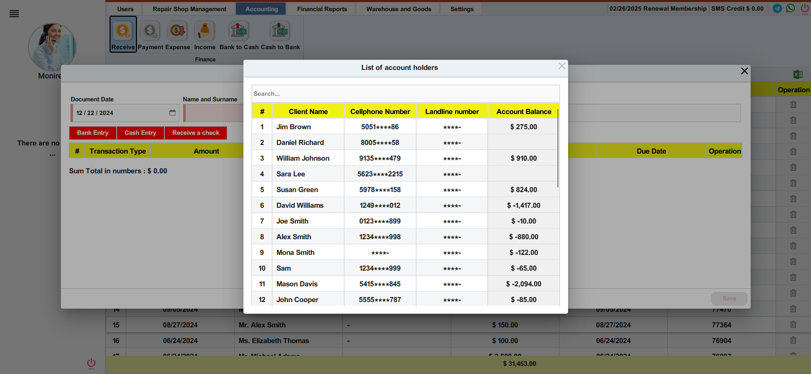 Customer List in Finty for Payment Recording