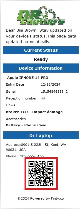 Repair Ticket QR Code for Updates in Finty