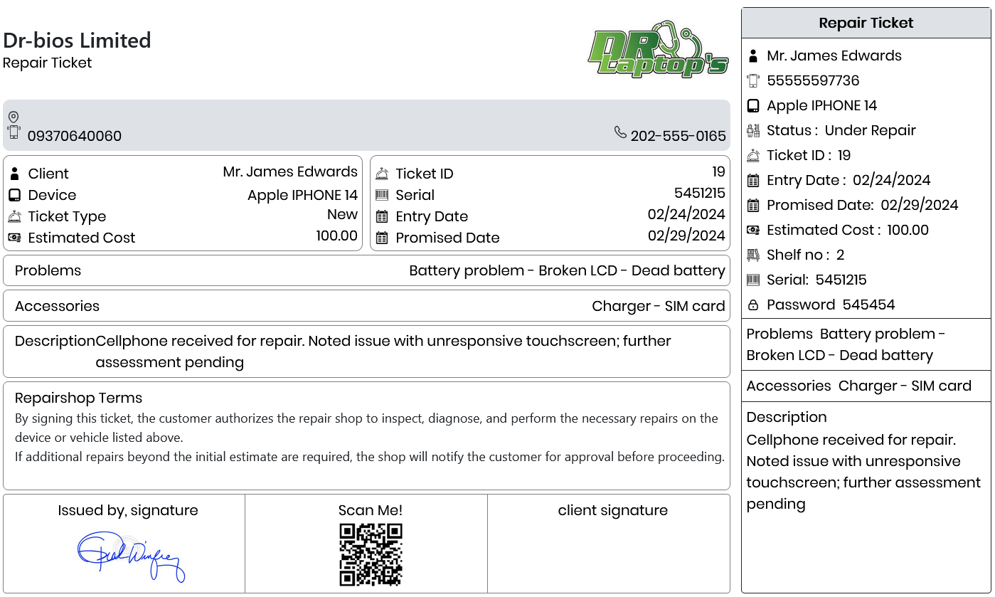 Repair Ticket Sample-Issuing Repair Shop ticket