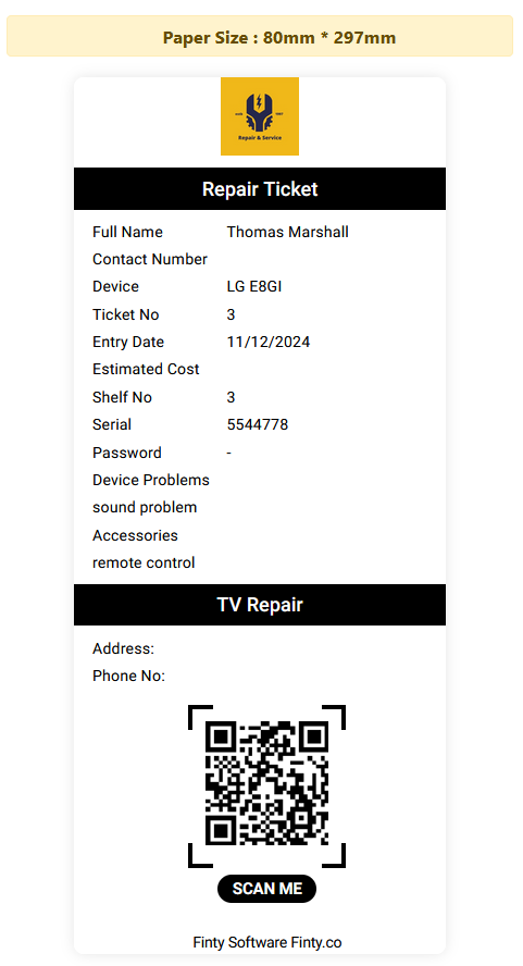 Thermal Paper Receipt-TV Repair